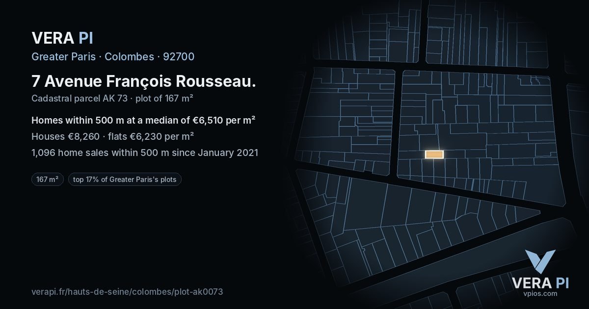 7 Avenue François Rousseau, Colombes at night – the plot lit, the parcels around coloured by the prices near them