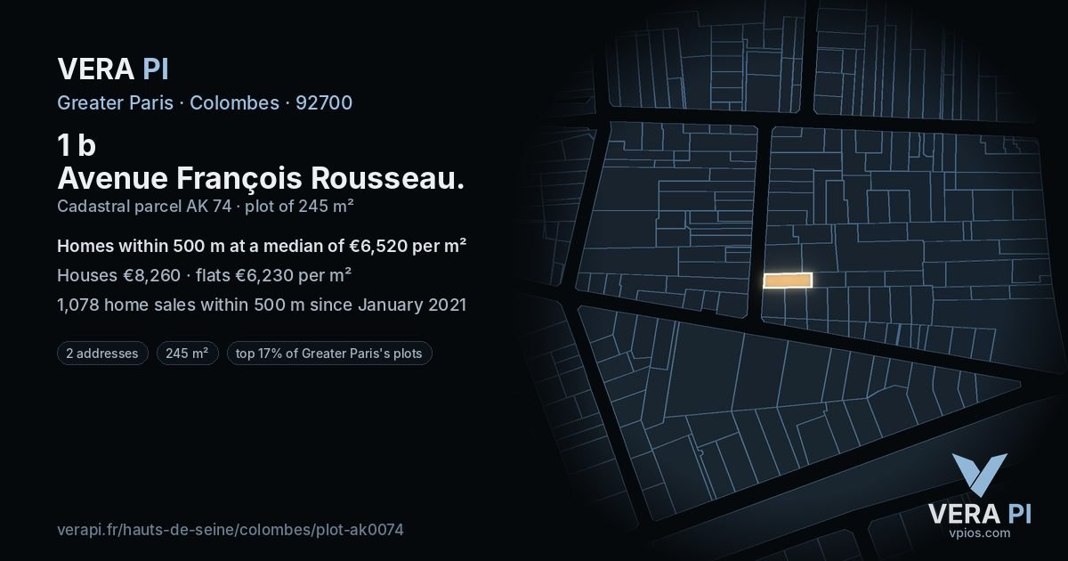 1 b Avenue François Rousseau, Colombes at night – the plot lit, the parcels around coloured by the prices near them