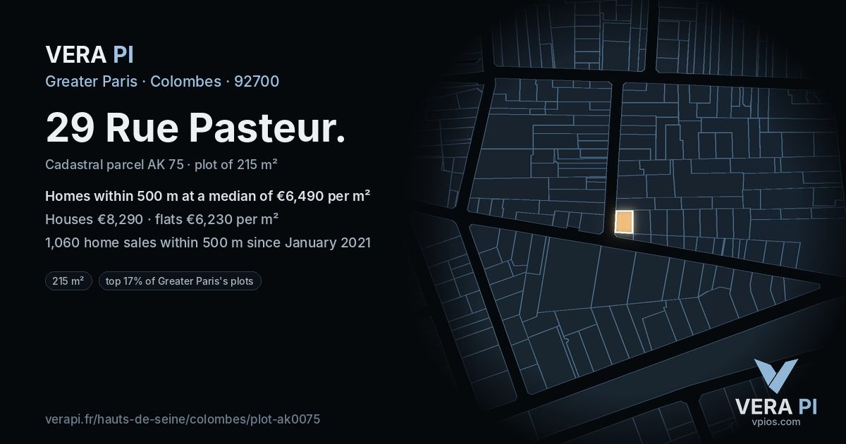 29 Rue Pasteur, Colombes at night – the plot lit, the parcels around coloured by the prices near them