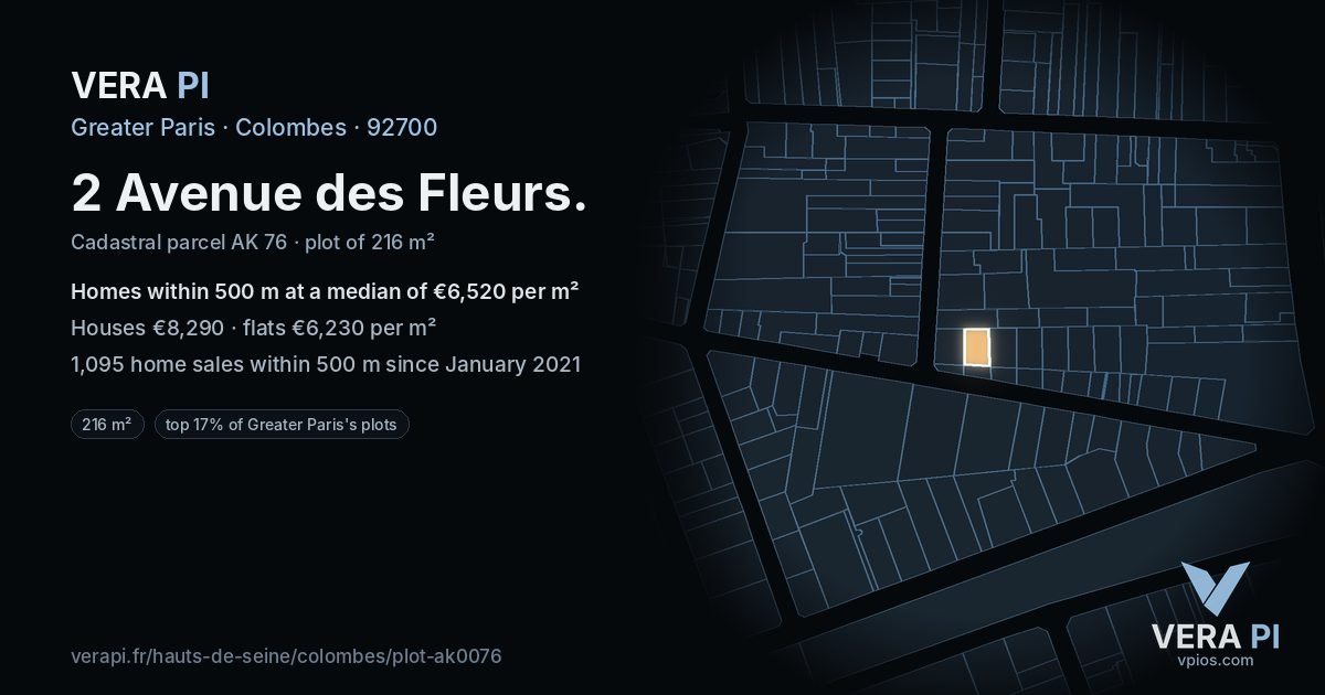 2 Avenue des Fleurs, Colombes at night – the plot lit, the parcels around coloured by the prices near them