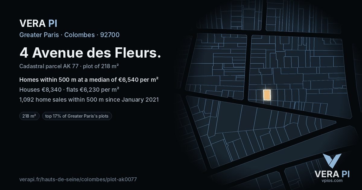 4 Avenue des Fleurs, Colombes at night – the plot lit, the parcels around coloured by the prices near them