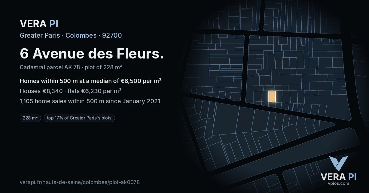 6 Avenue des Fleurs, Colombes at night – the plot lit, the parcels around coloured by the prices near them
