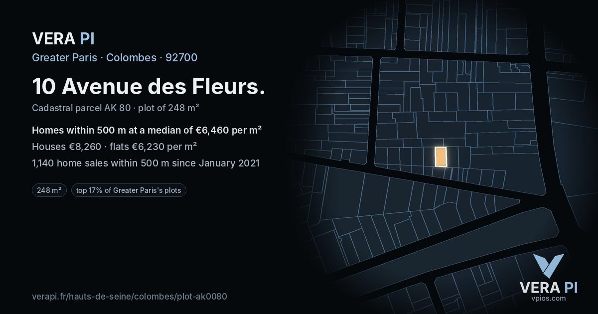 10 Avenue des Fleurs, Colombes at night – the plot lit, the parcels around coloured by the prices near them