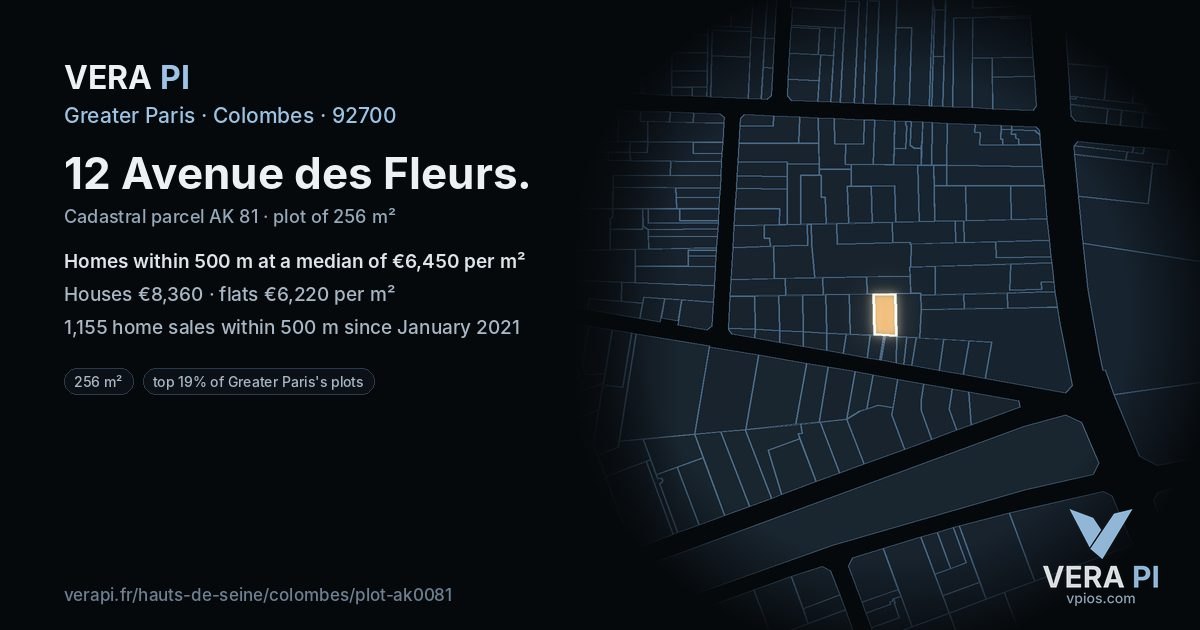 12 Avenue des Fleurs, Colombes at night – the plot lit, the parcels around coloured by the prices near them