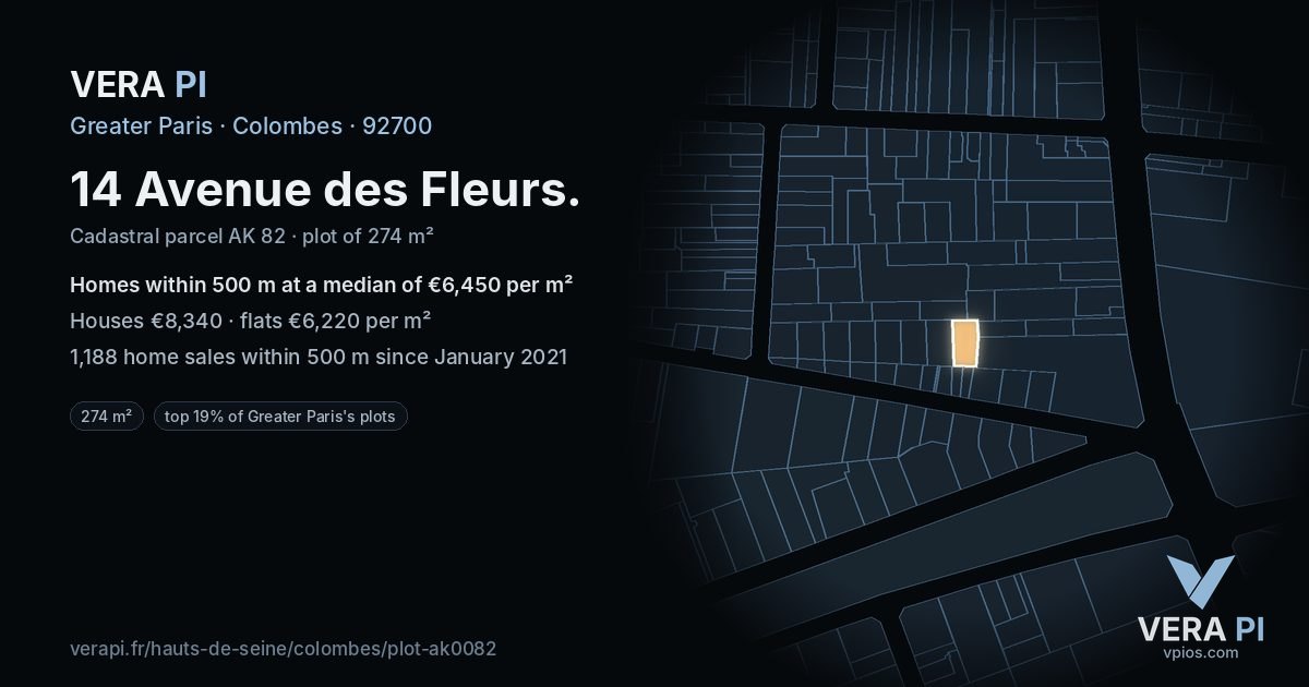 14 Avenue des Fleurs, Colombes at night – the plot lit, the parcels around coloured by the prices near them