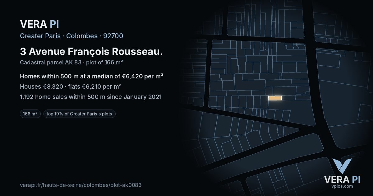 3 Avenue François Rousseau, Colombes at night – the plot lit, the parcels around coloured by the prices near them