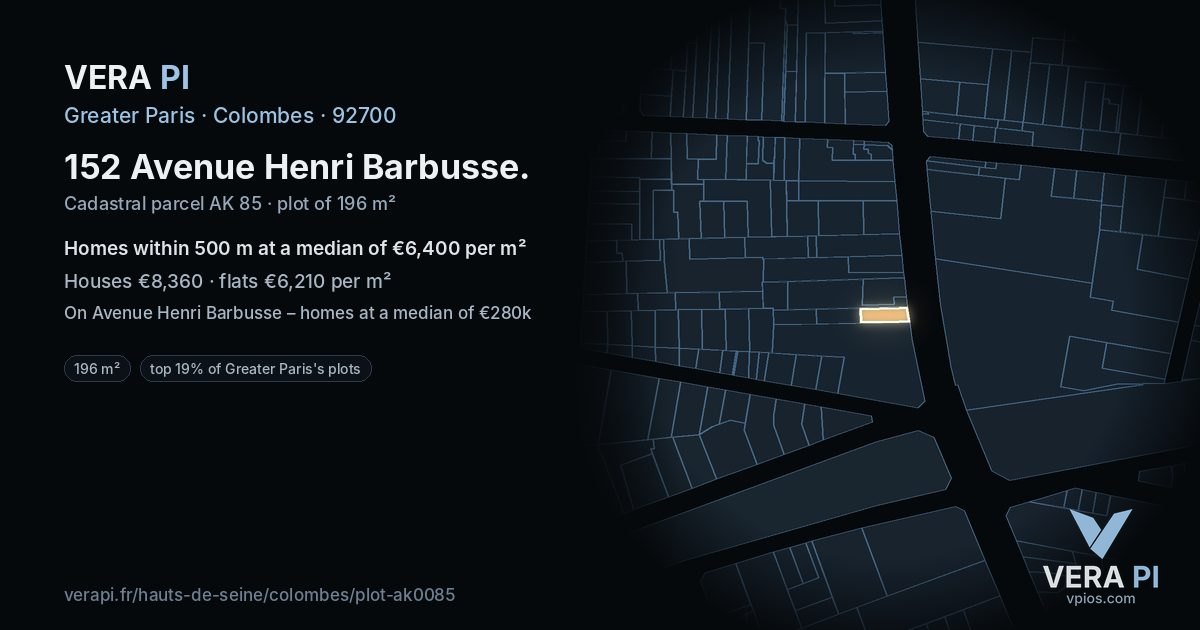 152 Avenue Henri Barbusse, Colombes at night – the plot lit, the parcels around coloured by the prices near them