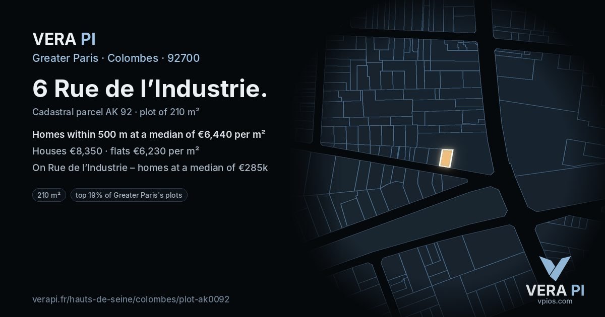 6 Rue de l’Industrie, Colombes at night – the plot lit, the parcels around coloured by the prices near them