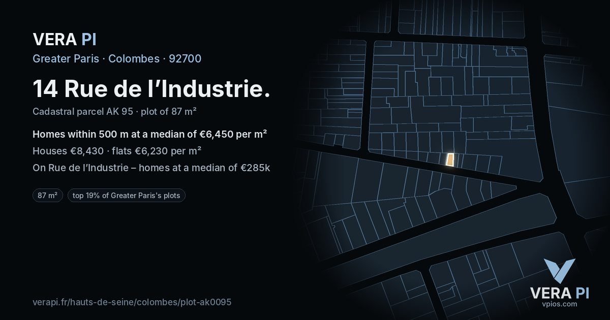 14 Rue de l’Industrie, Colombes at night – the plot lit, the parcels around coloured by the prices near them