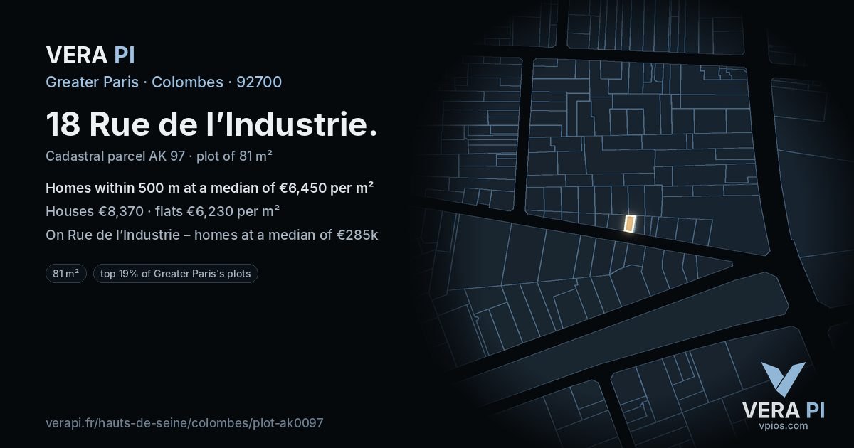 18 Rue de l’Industrie, Colombes at night – the plot lit, the parcels around coloured by the prices near them