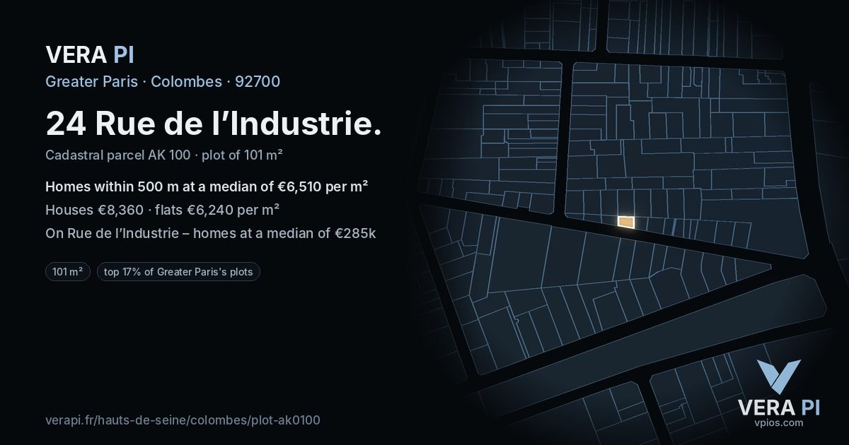 24 Rue de l’Industrie, Colombes at night – the plot lit, the parcels around coloured by the prices near them