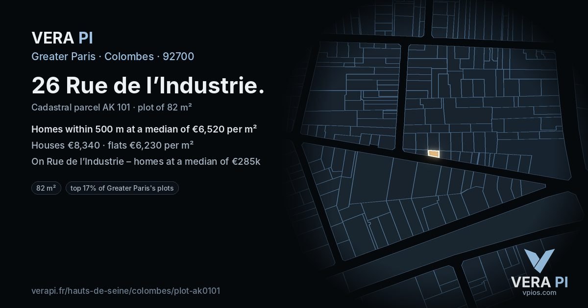 26 Rue de l’Industrie, Colombes at night – the plot lit, the parcels around coloured by the prices near them