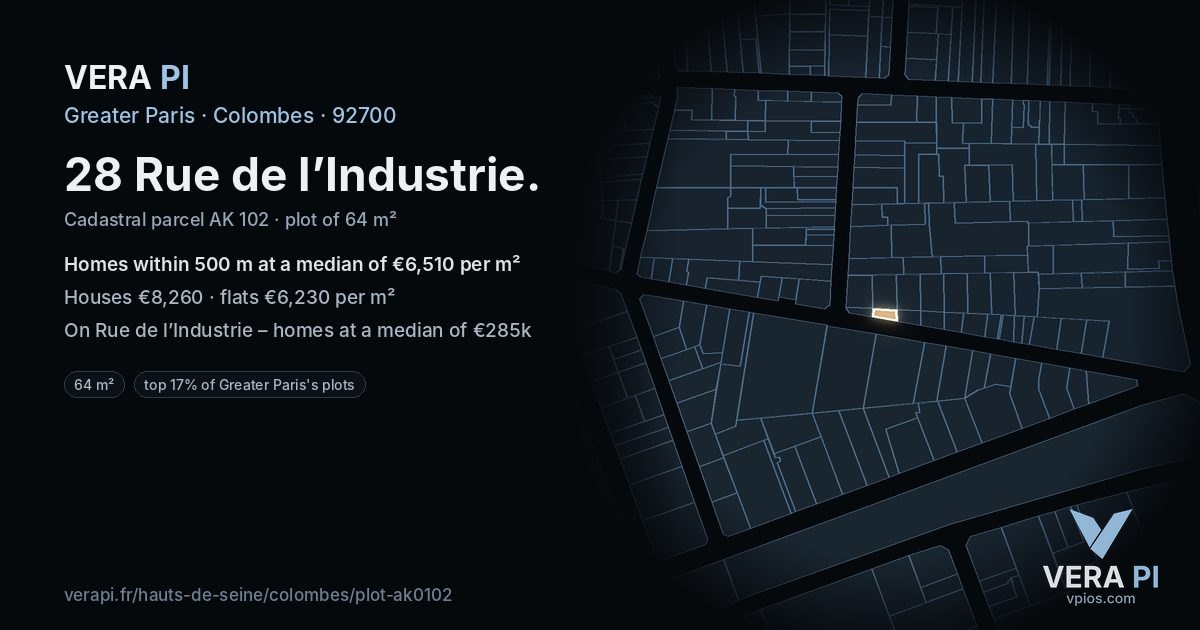 28 Rue de l’Industrie, Colombes at night – the plot lit, the parcels around coloured by the prices near them