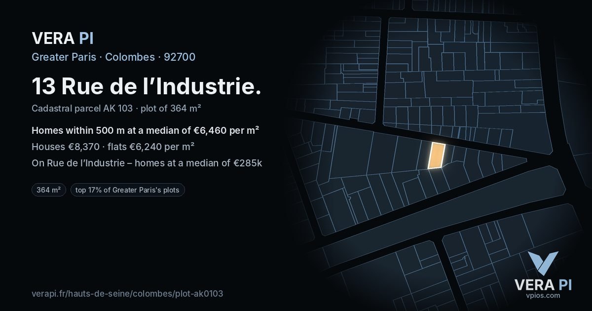 13 Rue de l’Industrie, Colombes at night – the plot lit, the parcels around coloured by the prices near them