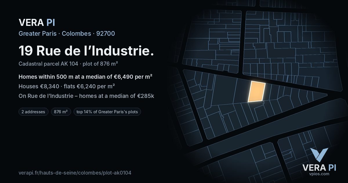 19 Rue de l’Industrie, Colombes at night – the plot lit, the parcels around coloured by the prices near them