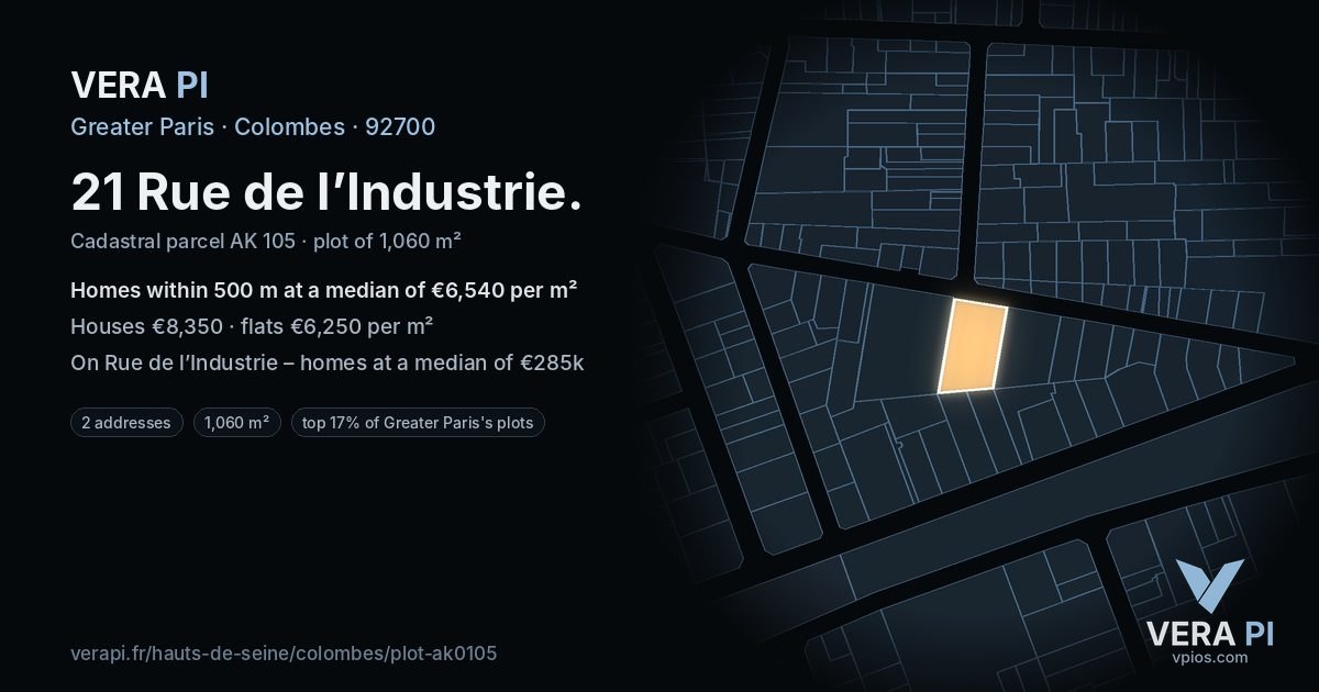 21 Rue de l’Industrie, Colombes at night – the plot lit, the parcels around coloured by the prices near them