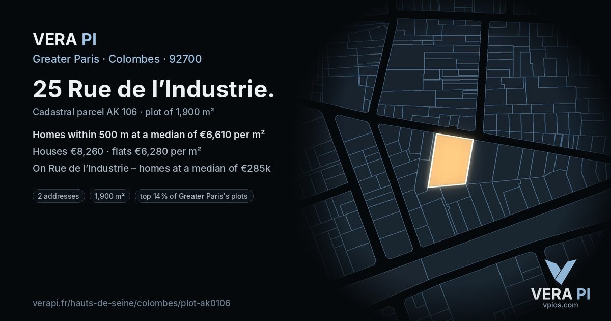 25 Rue de l’Industrie, Colombes at night – the plot lit, the parcels around coloured by the prices near them
