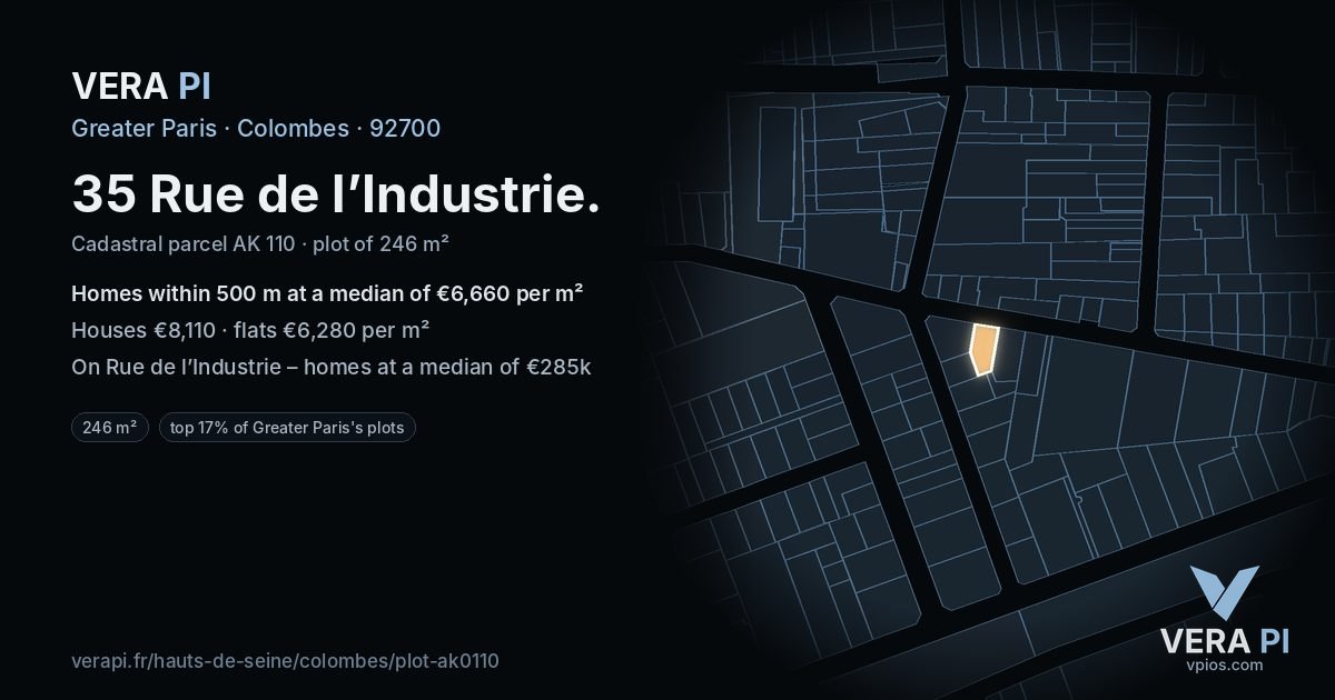 35 Rue de l’Industrie, Colombes at night – the plot lit, the parcels around coloured by the prices near them