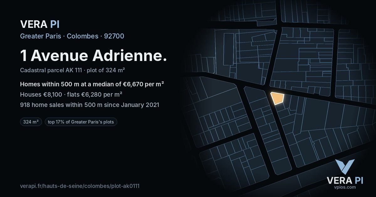 1 Avenue Adrienne, Colombes at night – the plot lit, the parcels around coloured by the prices near them