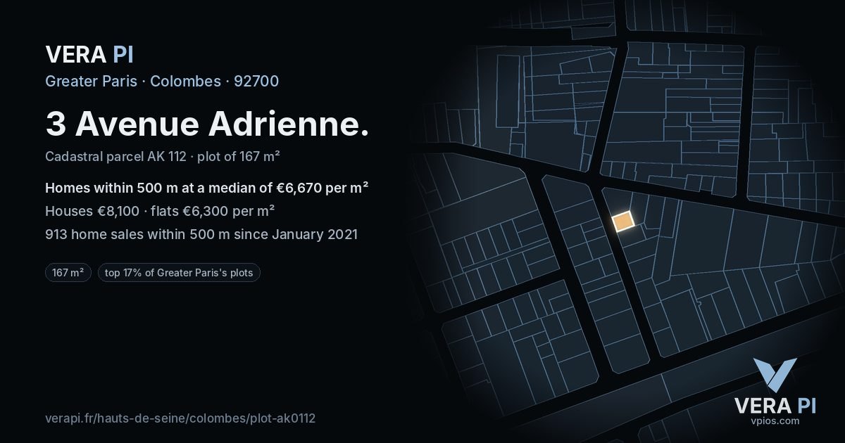 3 Avenue Adrienne, Colombes at night – the plot lit, the parcels around coloured by the prices near them