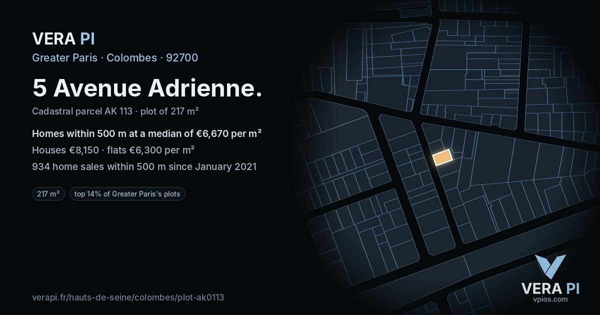 5 Avenue Adrienne, Colombes at night – the plot lit, the parcels around coloured by the prices near them