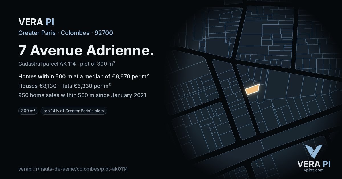 7 Avenue Adrienne, Colombes at night – the plot lit, the parcels around coloured by the prices near them
