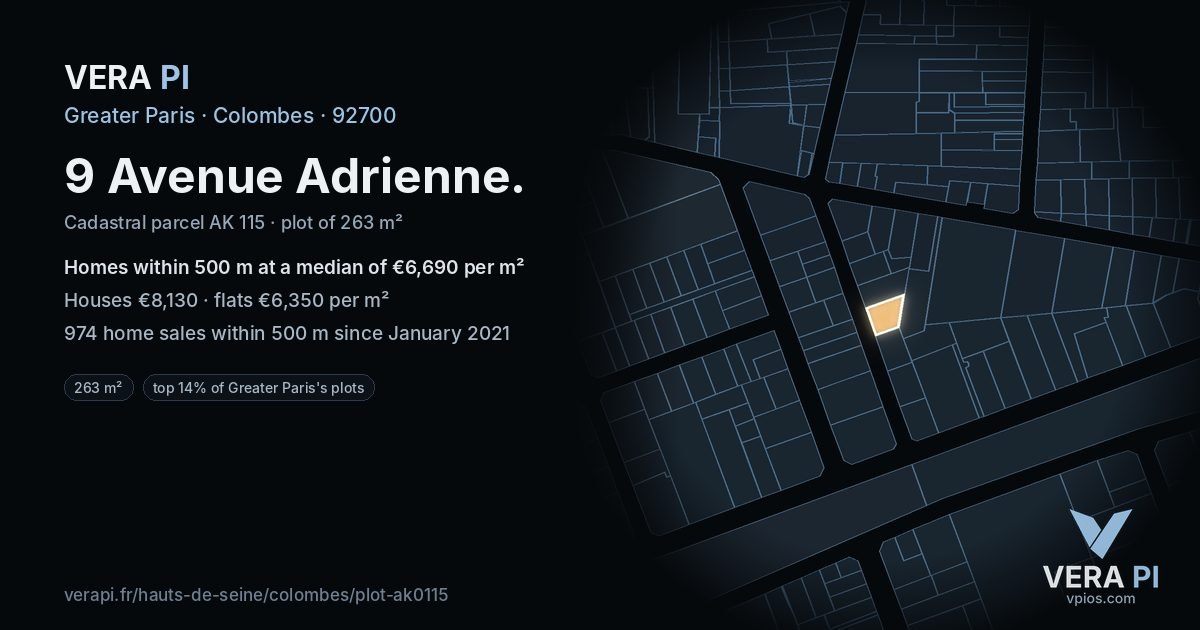 9 Avenue Adrienne, Colombes at night – the plot lit, the parcels around coloured by the prices near them