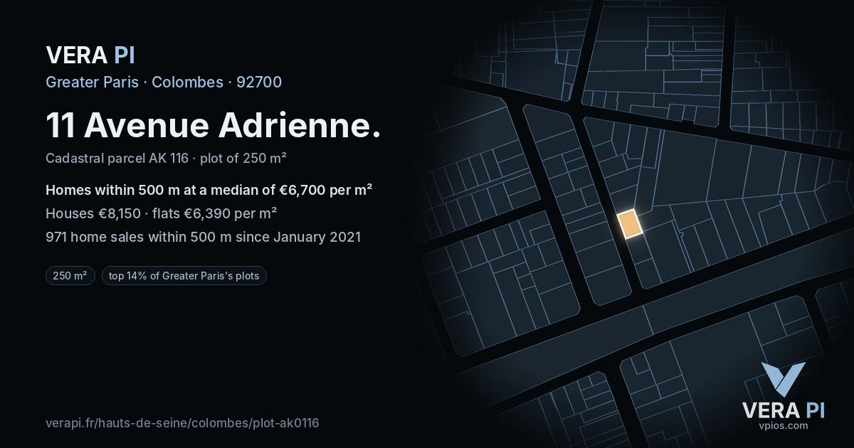 11 Avenue Adrienne, Colombes at night – the plot lit, the parcels around coloured by the prices near them