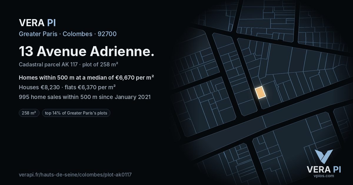 13 Avenue Adrienne, Colombes at night – the plot lit, the parcels around coloured by the prices near them