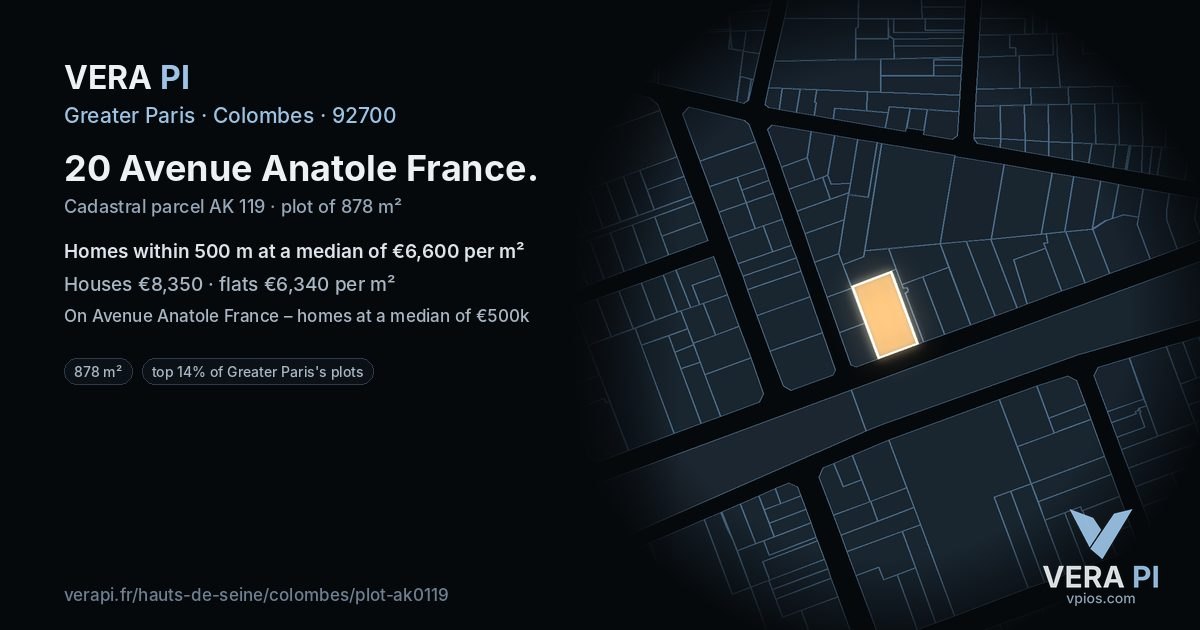 20 Avenue Anatole France, Colombes at night – the plot lit, the parcels around coloured by the prices near them