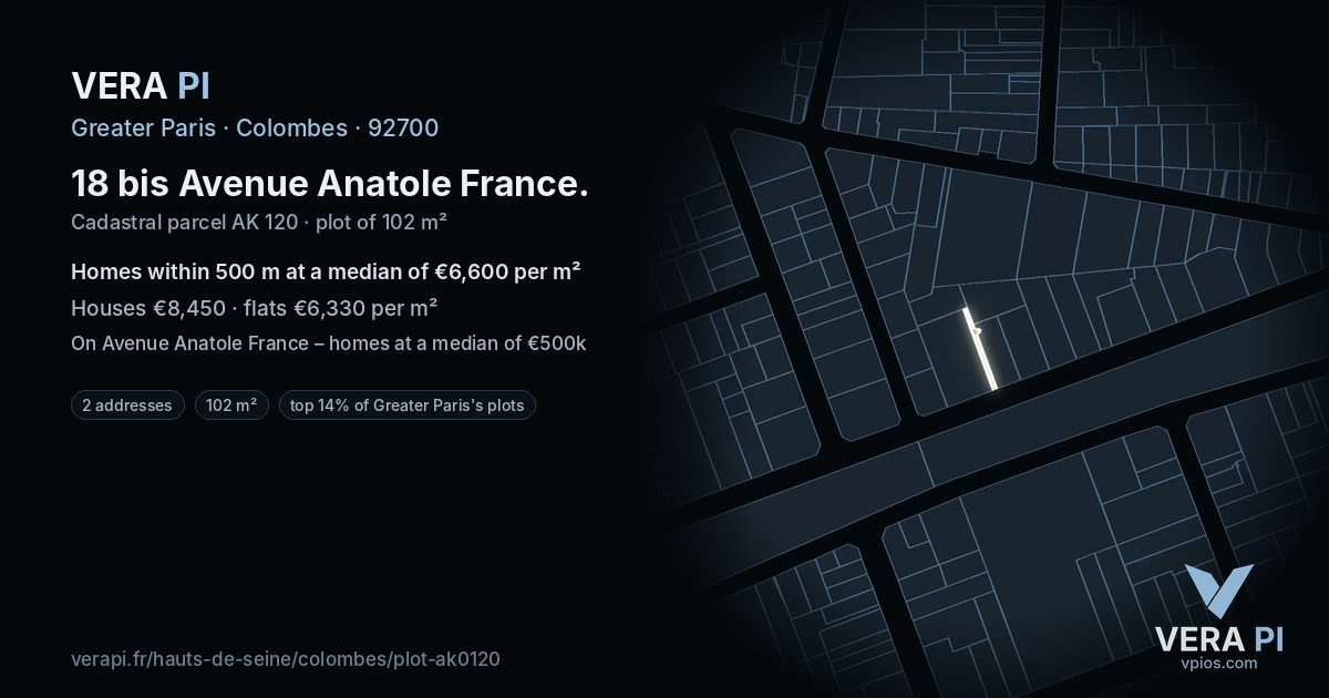 18 bis Avenue Anatole France, Colombes at night – the plot lit, the parcels around coloured by the prices near them
