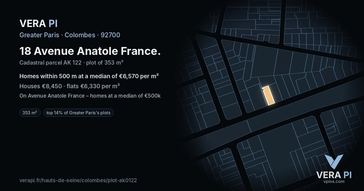18 Avenue Anatole France, Colombes at night – the plot lit, the parcels around coloured by the prices near them