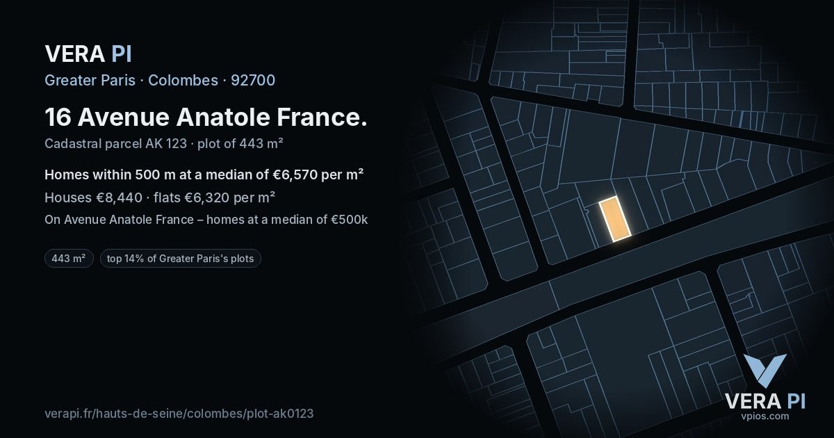 16 Avenue Anatole France, Colombes at night – the plot lit, the parcels around coloured by the prices near them
