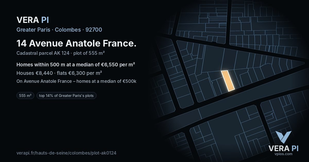 14 Avenue Anatole France, Colombes at night – the plot lit, the parcels around coloured by the prices near them