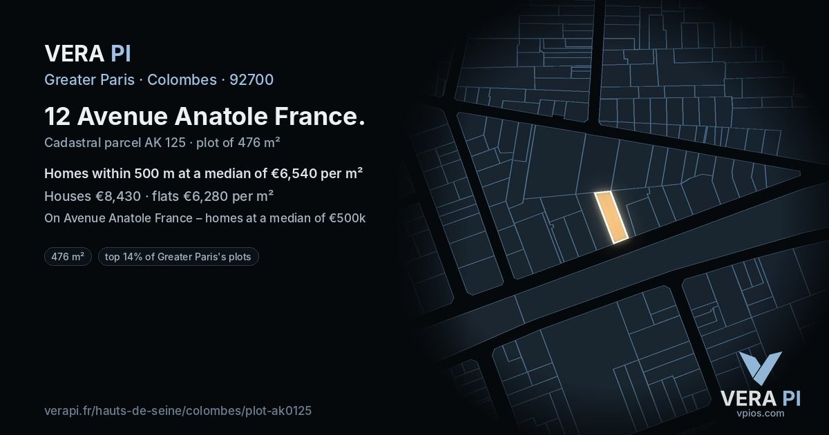12 Avenue Anatole France, Colombes at night – the plot lit, the parcels around coloured by the prices near them