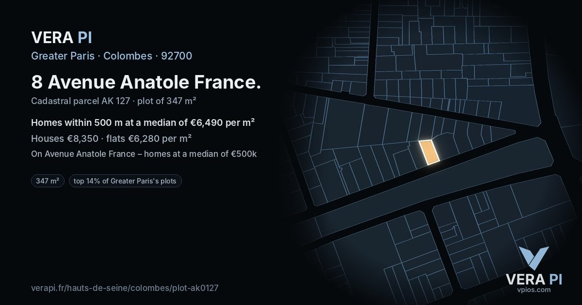 8 Avenue Anatole France, Colombes at night – the plot lit, the parcels around coloured by the prices near them