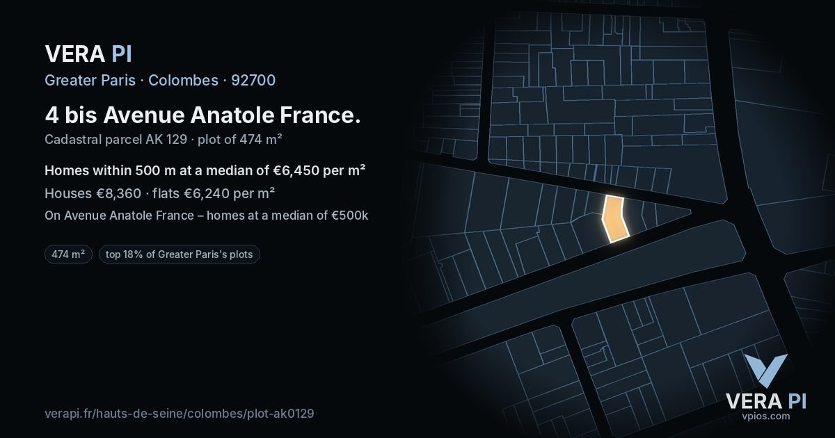 4 bis Avenue Anatole France, Colombes at night – the plot lit, the parcels around coloured by the prices near them