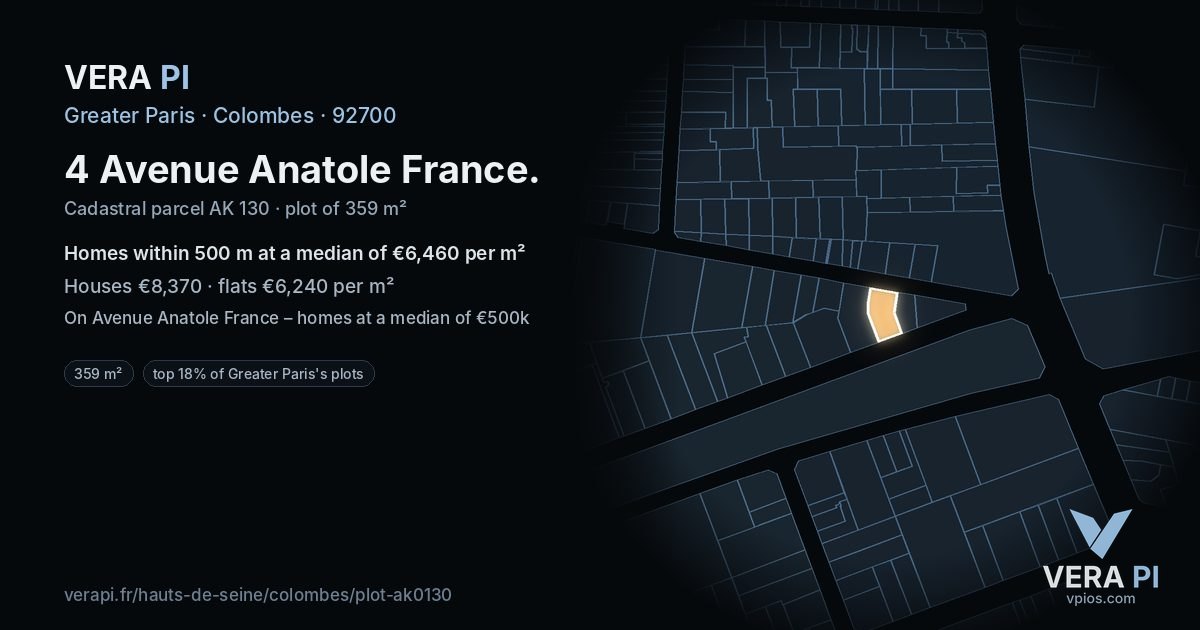 4 Avenue Anatole France, Colombes at night – the plot lit, the parcels around coloured by the prices near them