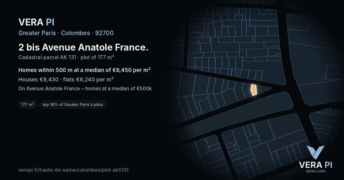2 bis Avenue Anatole France, Colombes at night – the plot lit, the parcels around coloured by the prices near them