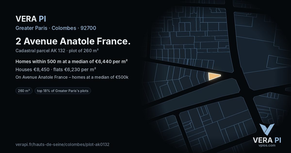 2 Avenue Anatole France, Colombes at night – the plot lit, the parcels around coloured by the prices near them