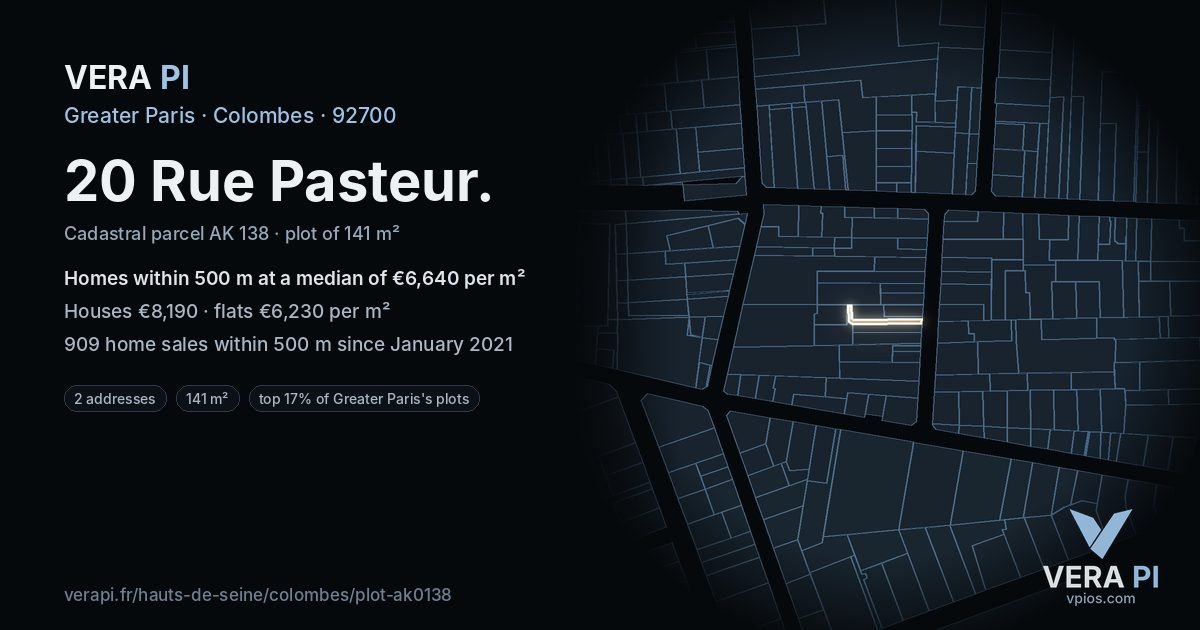 20 Rue Pasteur, Colombes at night – the plot lit, the parcels around coloured by the prices near them