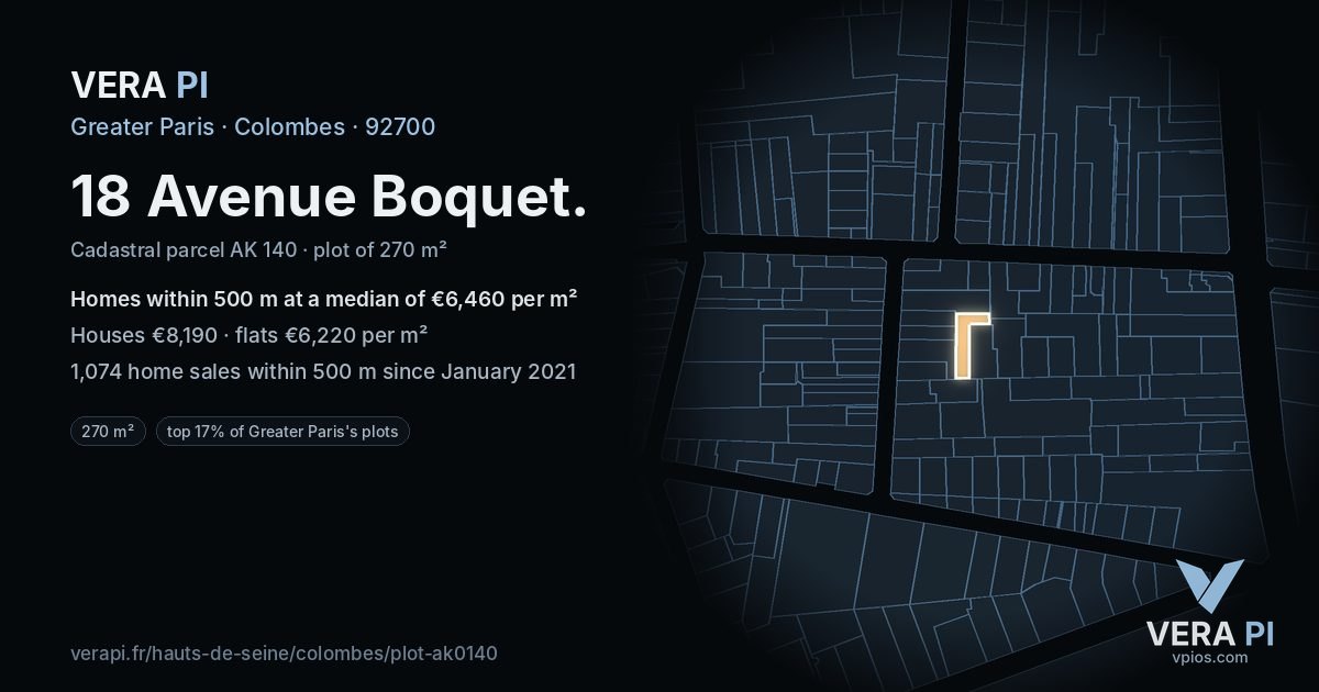 18 Avenue Boquet, Colombes at night – the plot lit, the parcels around coloured by the prices near them