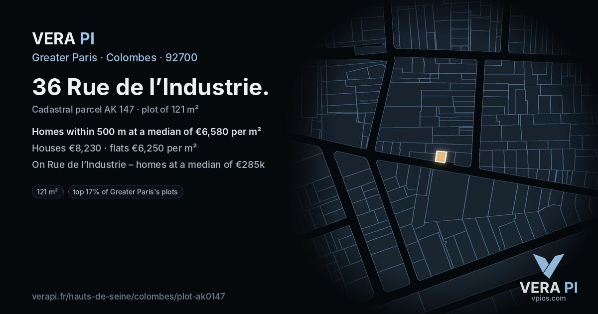 36 Rue de l’Industrie, Colombes at night – the plot lit, the parcels around coloured by the prices near them