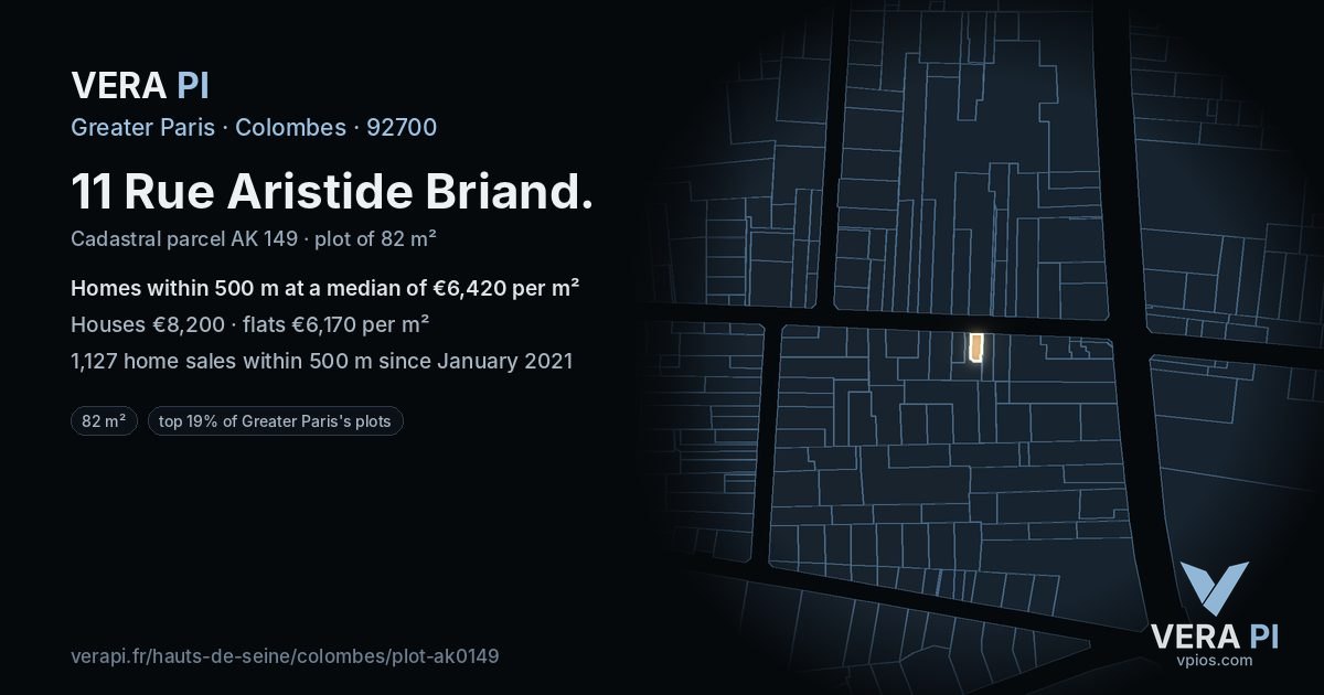 11 Rue Aristide Briand, Colombes at night – the plot lit, the parcels around coloured by the prices near them
