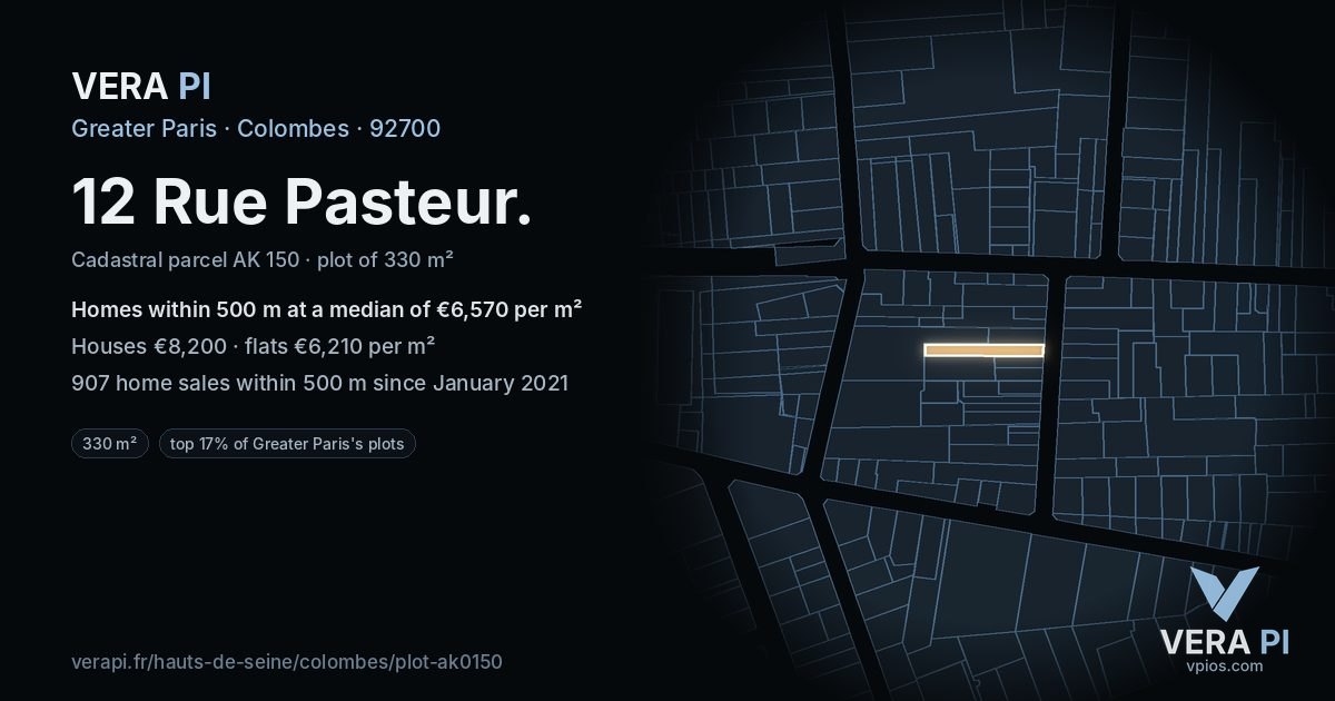 12 Rue Pasteur, Colombes at night – the plot lit, the parcels around coloured by the prices near them