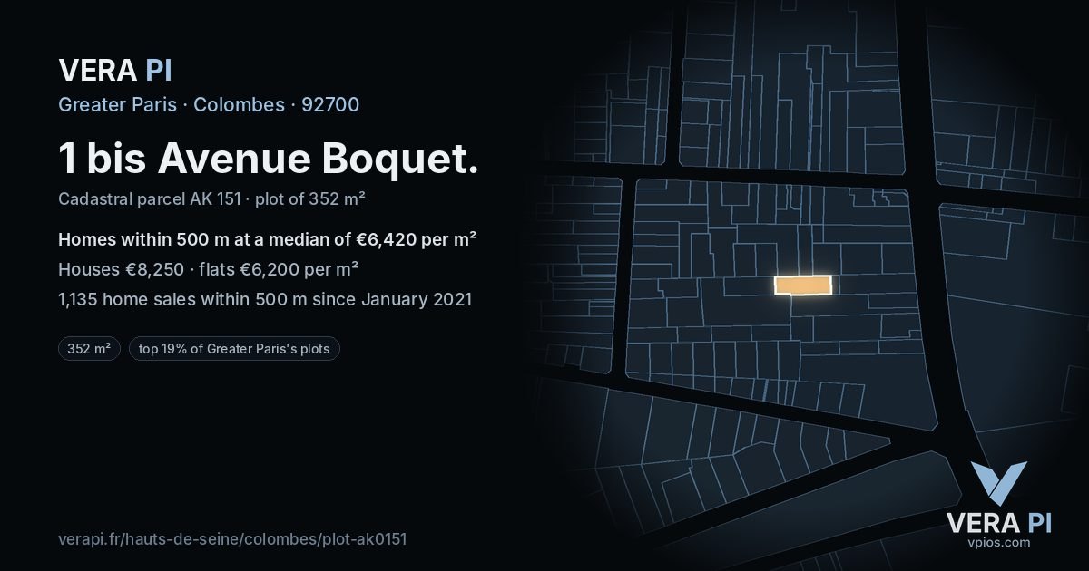 1 bis Avenue Boquet, Colombes at night – the plot lit, the parcels around coloured by the prices near them