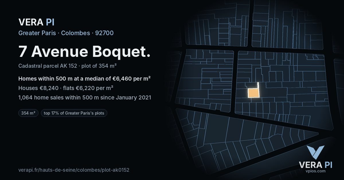 7 Avenue Boquet, Colombes at night – the plot lit, the parcels around coloured by the prices near them