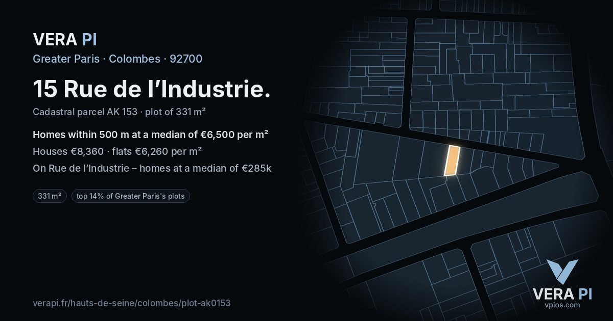 15 Rue de l’Industrie, Colombes at night – the plot lit, the parcels around coloured by the prices near them