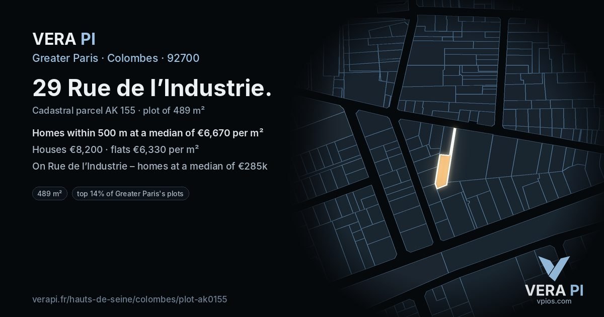 29 Rue de l’Industrie, Colombes at night – the plot lit, the parcels around coloured by the prices near them