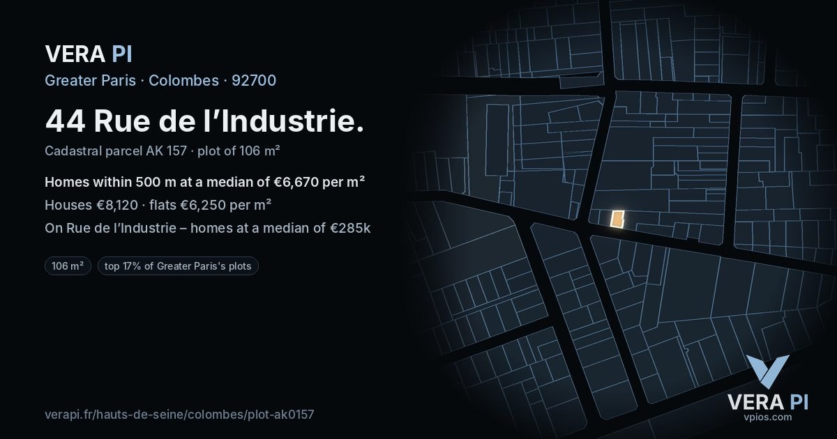44 Rue de l’Industrie, Colombes at night – the plot lit, the parcels around coloured by the prices near them